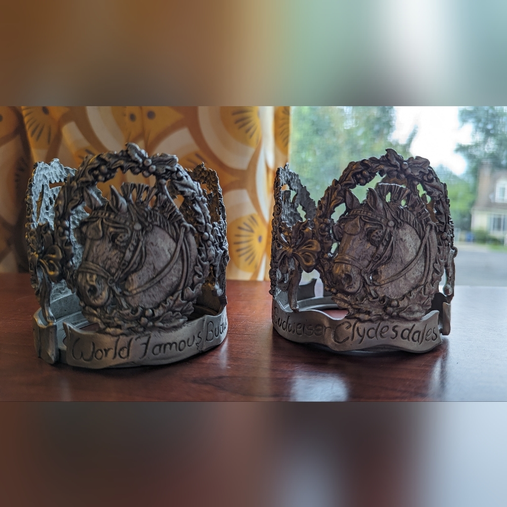 Vintage Scents and Accents Christmas Budweiser Clydesdales Pewter Candle holders